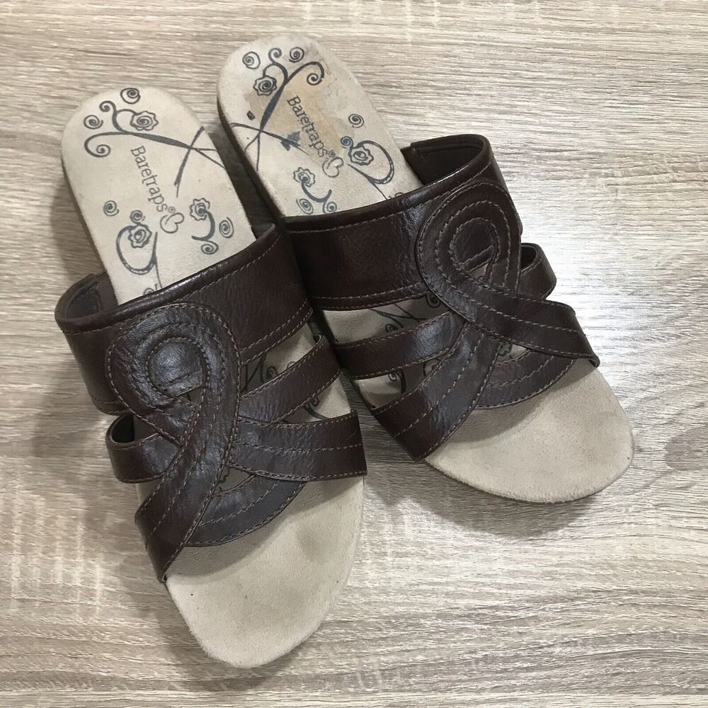 Baretraps Findie Slide Sandal‎ Womens 7.5 Wide Brown Low Wedge Slip On Shoes